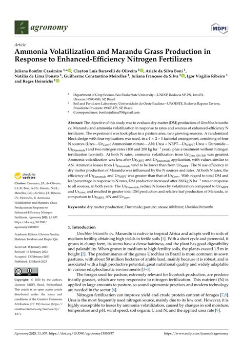 Pdf Ammonia Volatilization And Marandu Grass Production In Response To Enhanced Efficiency