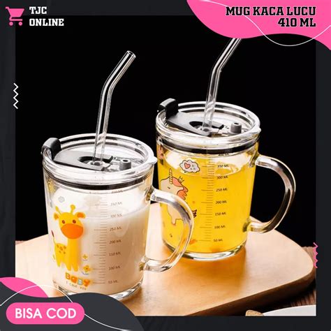 Jual Gelas Mug Kaca Gagang Karakter Aesthetic Estetik Sedotan Kaca