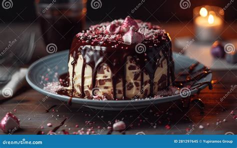 Indulgent Chocolate Cheesecake With Fresh Berry Decoration On Rustic