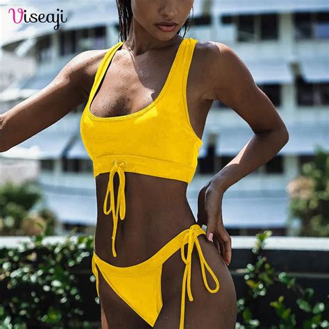 2019 Solid Black Bikini Beach Sexy Swimsuit Push Up Swimwear Women Yellow Bikinis Set Bandage