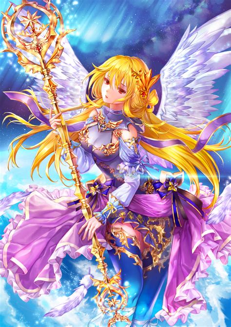 Safebooru 1girl Angel Angel Wings Blonde Hair Blue Legwear Blush Breasts Holding Holding Staff