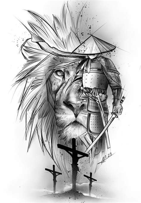 A Black And White Drawing Of A Lion With A Helmet On It S Head