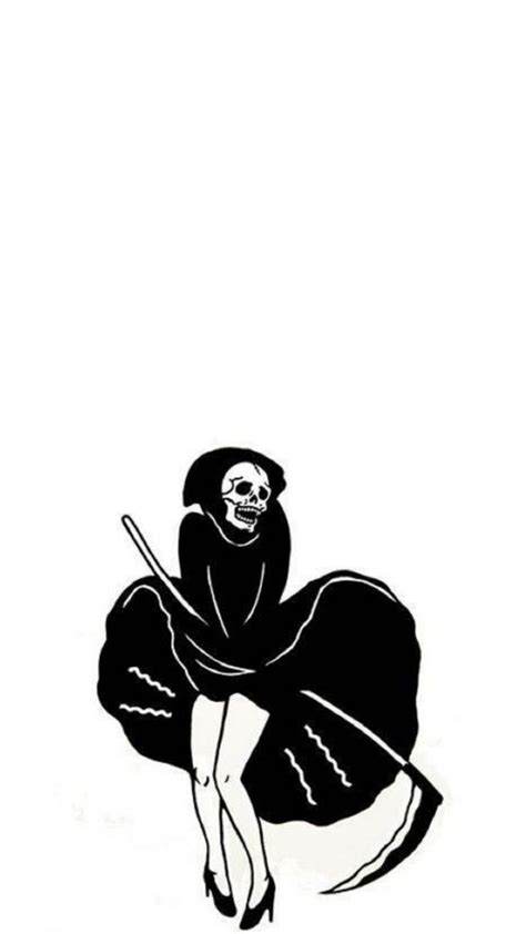 A Black And White Drawing Of A Woman With A Skull On Her Head Sitting Down