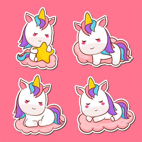 Set Cute Unicorn Sticker Cute Kawaii Unicorn Cartoon Character