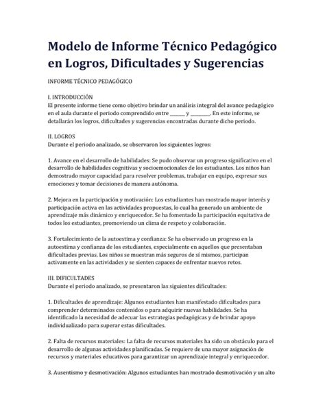 Modelo de Informe Técnico Pedagógico en Logros Dificultades y