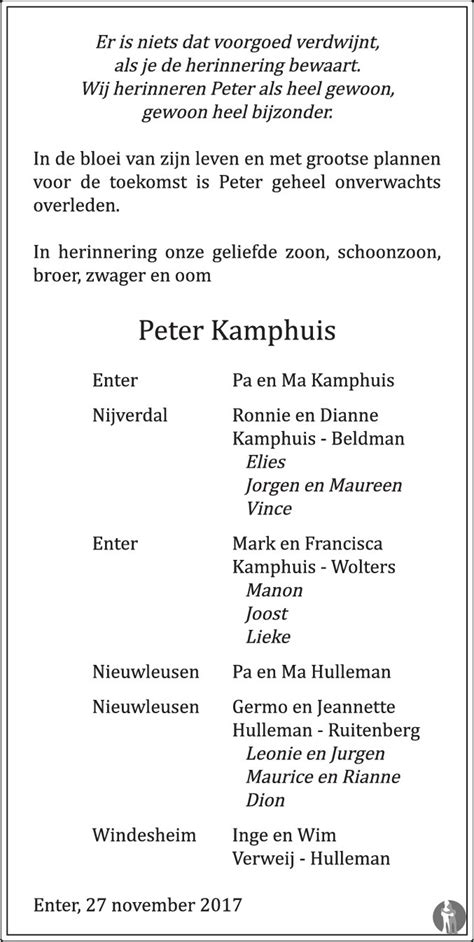 Petrus Johannes Peter Kamphuis Overlijdensbericht En