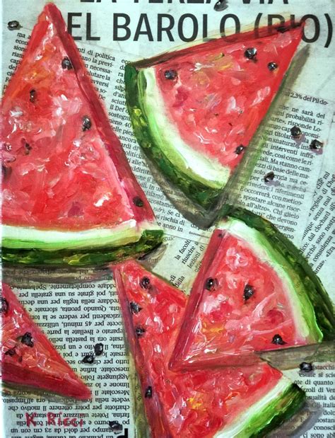 Watermelon Slices On Newspaper Original Oil On Canvas Board Painting