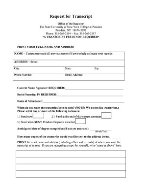 Suny Potsdam Transcript Request Form Fill And Sign Printable Template