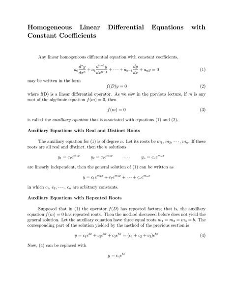 Homogeneous Linear Differential Equations With Constant Coefficients