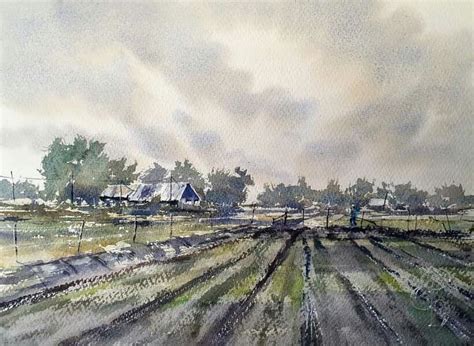 A Watercolor Painting Of A Farm Field