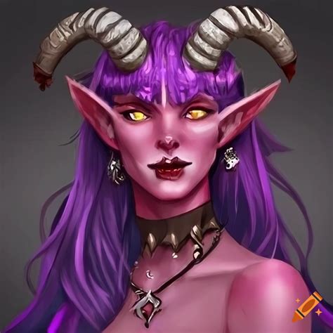 Fantasy Illustration Of A Female Tiefling With Red Skin And Purple Hair