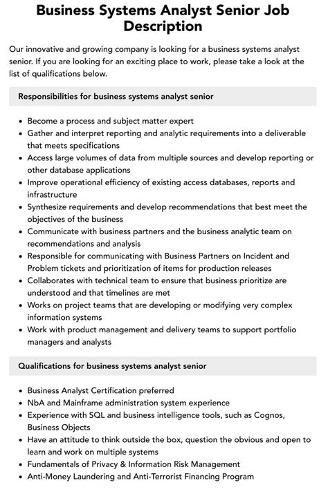 Business Systems Analyst Senior Job Description Velvet Jobs