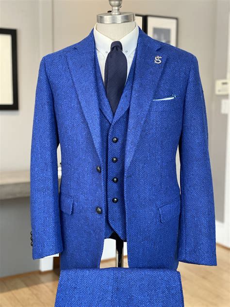 Harris Tweed Suit In French Blue Herringbone Situation Control