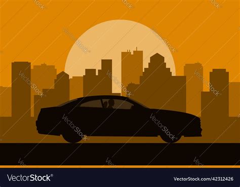 Car silhouette on the sunset city background Vector Image