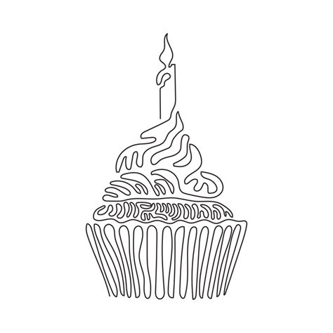 Continuous One Line Drawing Yummy Cupcake With Candle Sweet Tasty Cake