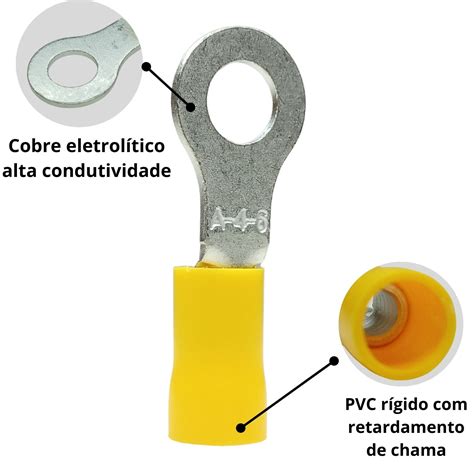 Terminal Olhal Anel Isolado 4 0 A 6 0mm2 M6 Amarelo 10 Unid NTV