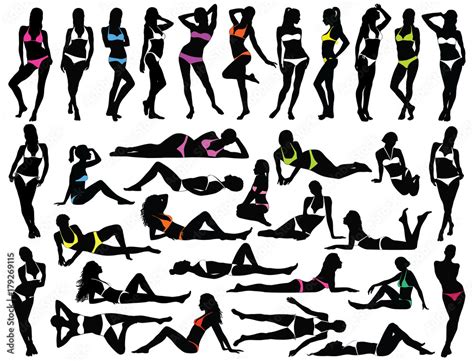 Big Set Of Vector Silhouettes Of Women In Colored Bikini Dress Stock Vector Adobe Stock