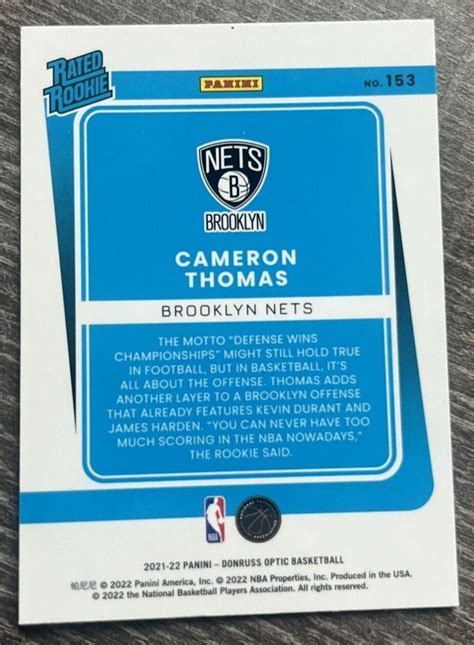 2021 22 Panini Donruss Optic Cameron Cam Thomas Rated Rookie Card RC