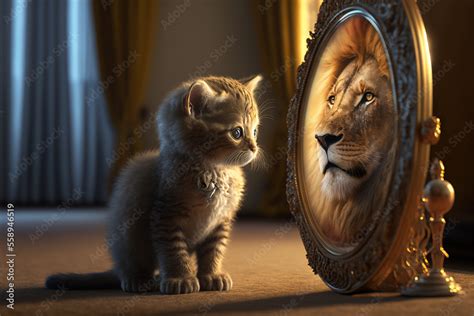 Kitten Looking At Round Mirror On Table Male Lion Inside Mirror Close