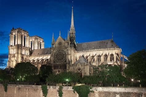 Notre Dame De Paris Katedra Przy Nocą Boczny Widok Zdjęcie Stock