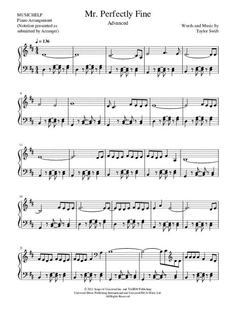 Musichelp Mr Perfectly Fine Sheet Music Piano Solo In D Major