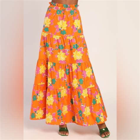 Lulu S Skirts Nwt Set For Paradise Orange Tropical Print Tiered