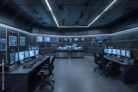 Empty Interior Of Big Modern Security System Control Room Workstation