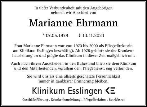 Traueranzeigen Von Marianne Ehrmann Zeit Des Gedenkens De