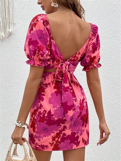 Shein Vcay Floral Print Tie Backless Puff Sleeve Dress Shein Uk