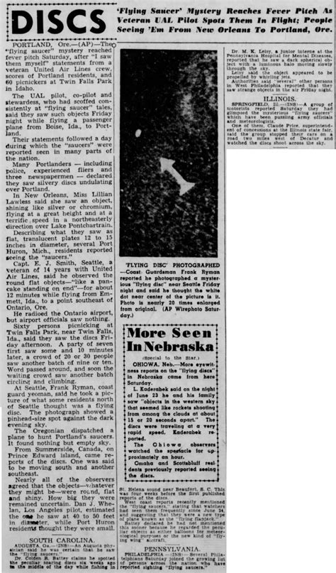 Ufo Ufos At Close Sight Kenneth Arnold Sighting Reports In The Press