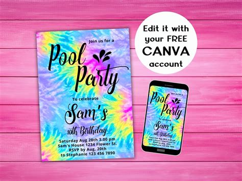 Tie Dye Pool Party Birthday Invitation Girls Tiedye Invitation Summer