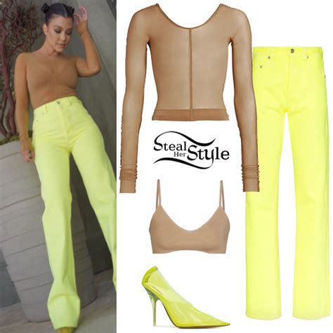 Kourtney Kardashian Nude Top Yellow Pants