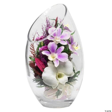 Fiora Flower Long Lasting Purple Orchids Limoniums With Greenery In A Flat Rugby Glass Vase