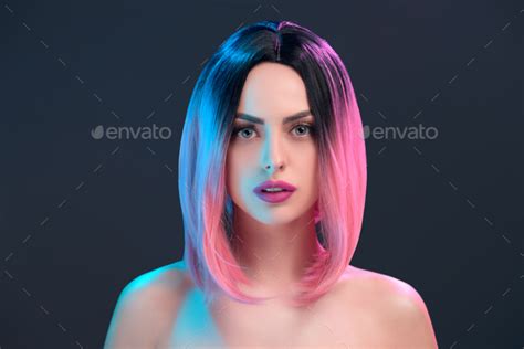 Portrait Of Attractive Nude Woman In Pink Wig Isolated On Grey Stock