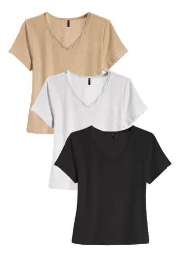 Kit 3 Camisetas Blusinhas Feminina Casual Manga Curta Gola V MercadoLivre