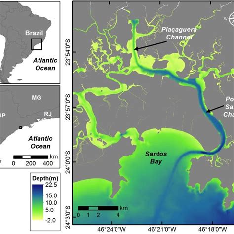 Port of Santos region, showing the location of the navigation channels ...