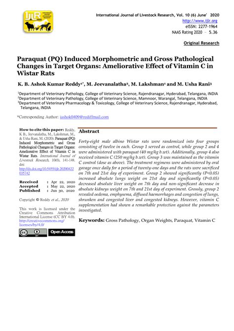 PDF Paraquat PQ Induced Morphometric And Gross Pathological Changes