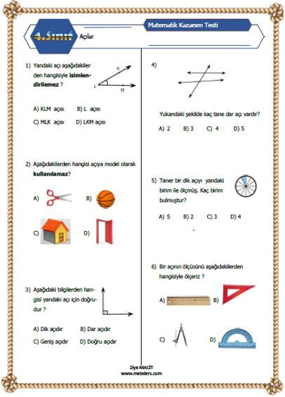 4 Sınıf Matematik Açılar Kazanım Testi Meb Ders