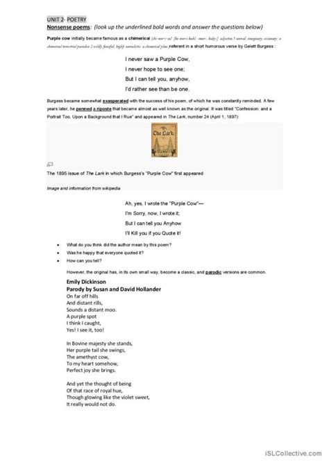 Nonsense Poems English Esl Worksheets Pdf And Doc