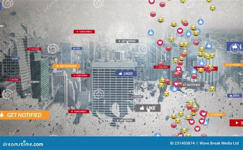 Animation Of Falling Social Media Icons And Emojis Over Cityscape Stock