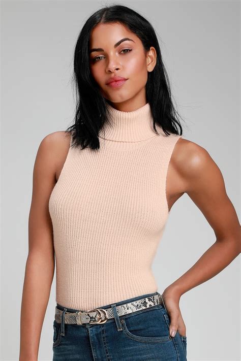 Cute Sleeveless Sweater Turtleneck Sweater Pale Pink Top Lulus