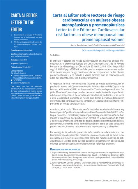 Pdf Carta Al Editor Sobre Factores De Riesgo Cardiovascular En