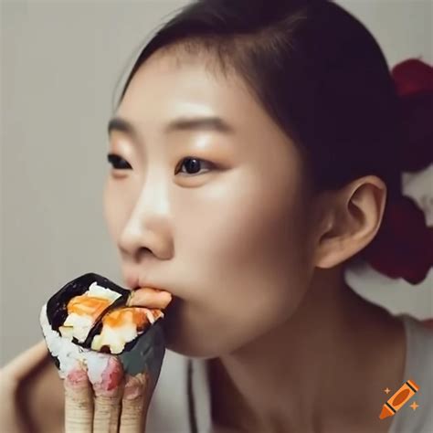 Chinese Woman Eating Sushi With Chopsticks