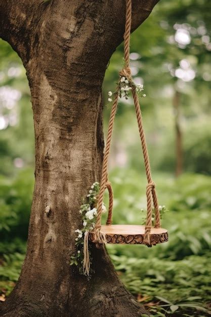 Premium Ai Image Wooden Swing Hanging From A Strong Tree Branch