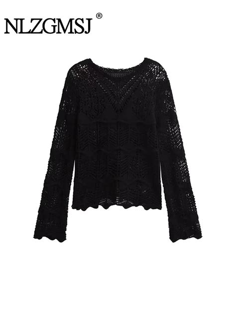 Nlzgmsj TRAF Autumn Winter Hollow Out Woman Long Sleeve Solid Pullover