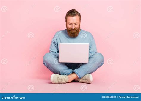 Full Body Photo Of Positive Person Sit Floor Crossed Legs Use Netbook