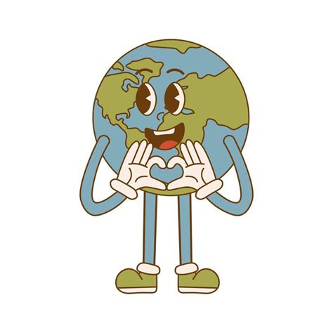 Earth Day Cartoon Cute Earth Planet Character In Retro Style