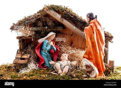 Christmas nativity scene. Hut with baby Jesus in the manger, with Mary ...