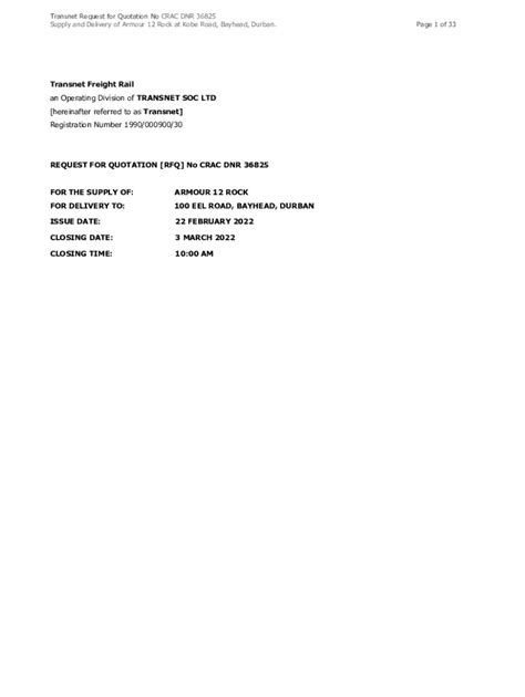 Fillable Online Transnet Request For Quotation No CRAC DNR 36825 Fax