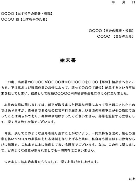 会員登録不要で無料でダウンロードできる始末書（納品ミスによる損害）のテンプレート書式 テンプレート・フリーbiz